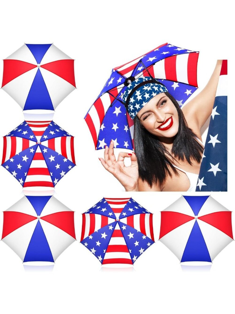 Patriotic 4th of July Umbrella Hat - Red White Blue Cap for Summer Fun, Fishing
